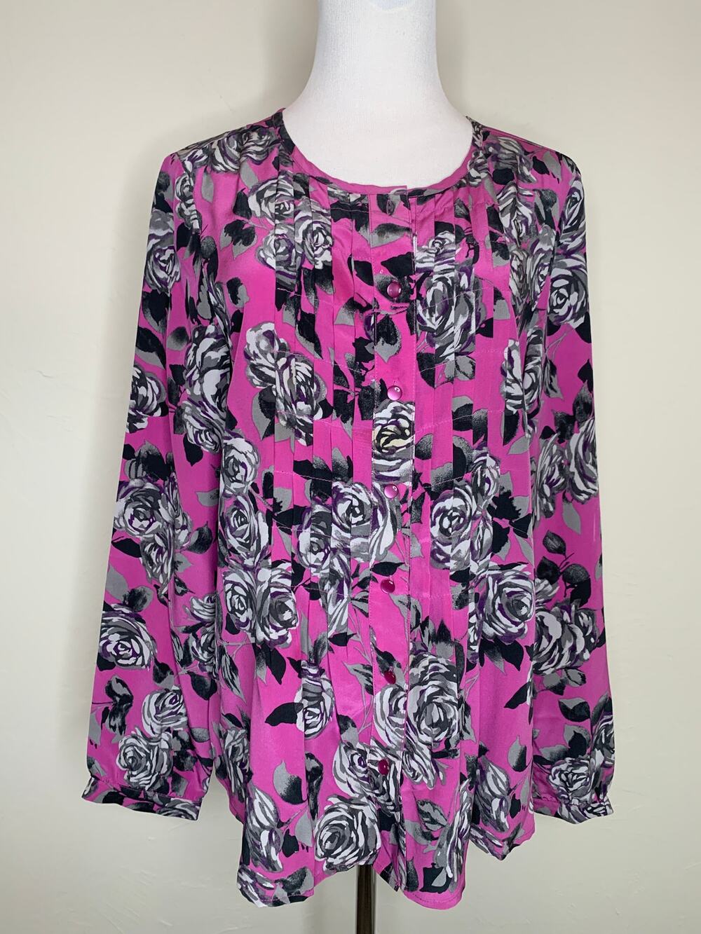 Pendleton Pink Purple Gray Floral 100% Silk Blouse Sz 12
